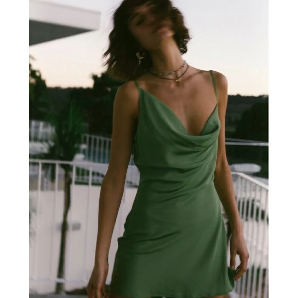 NWT Lovers and Friends Boa Cowl Neck Slip Mini Dress Emerald Green Satin Small - Picture 1 of 7